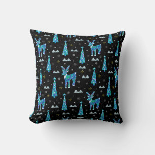 Christmas trees, reindeer snowflakes. Winter illus Cushion