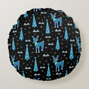 Christmas trees, reindeer snowflakes. Winter illus Round Cushion