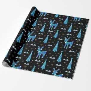 Christmas trees, reindeer snowflakes. Winter illus Wrapping Paper