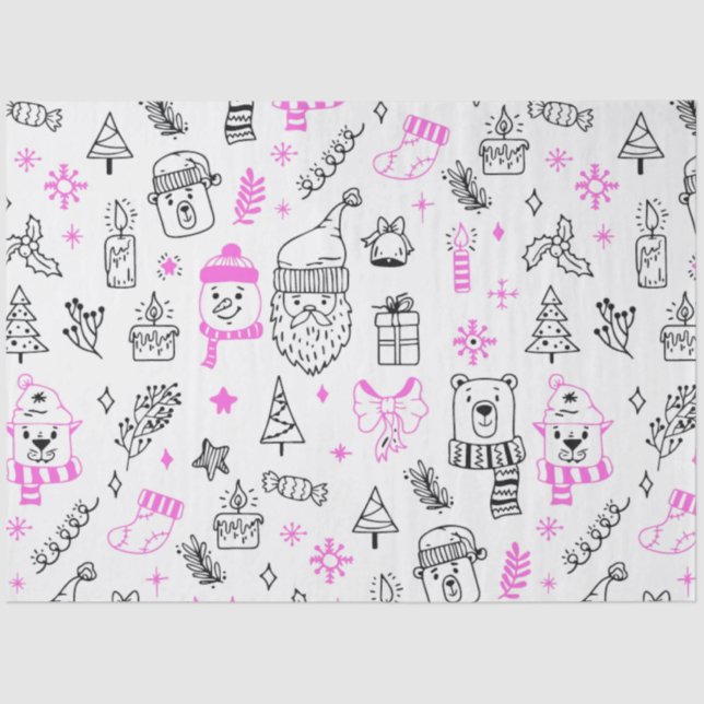 Christmas Trees Santa Bears White Christmas Tissue Paper (Front)