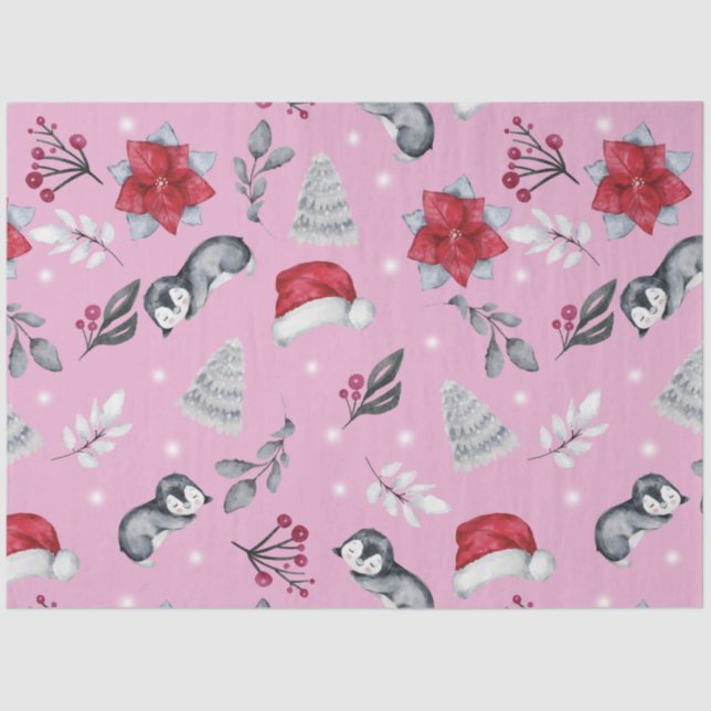 Christmas Trees Santa Hats Winter Floral Christmas Tissue Paper (Front)