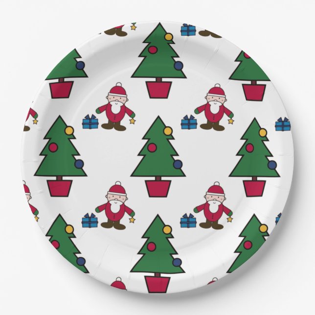 Christmas Trees & Santa Pattern Paper Plate (Front)