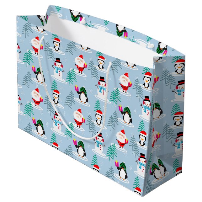 Christmas Trees, Santa, Snowmen and Penguins  Large Gift Bag (Back Angled)