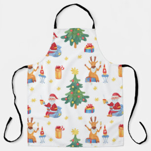 Christmas trees, Santa: watercolor pattern. Apron