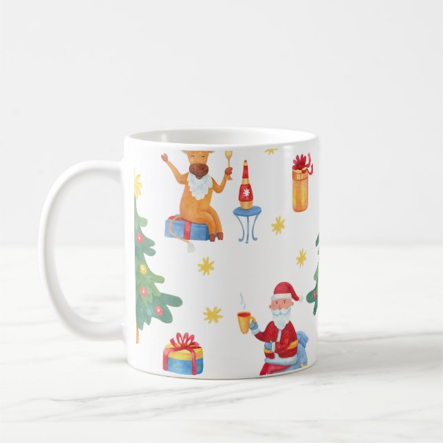Christmas trees, Santa: watercolor pattern. Coffee Mug (Left)