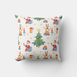 Christmas trees, Santa: watercolor pattern. Cushion
