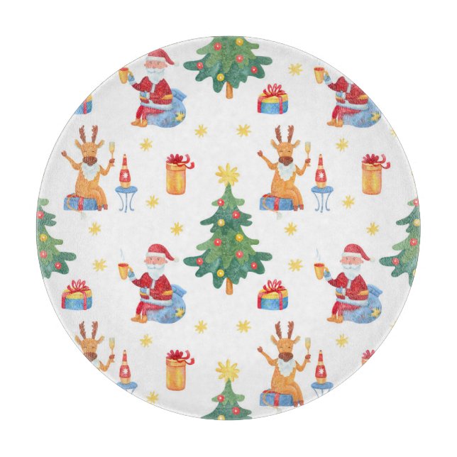 Christmas trees, Santa: watercolor pattern. Cutting Board (Front)