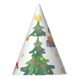 Christmas trees, Santa: watercolor pattern. Party Hat