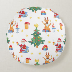Christmas trees, Santa: watercolor pattern. Round Cushion