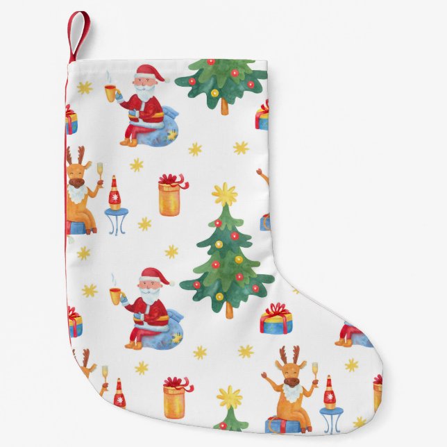 Christmas trees, Santa: watercolor pattern. Small Christmas Stocking (Front)