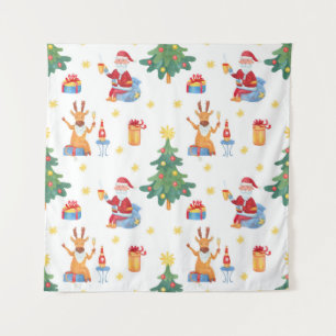 Christmas trees, Santa: watercolor pattern. Tapestry
