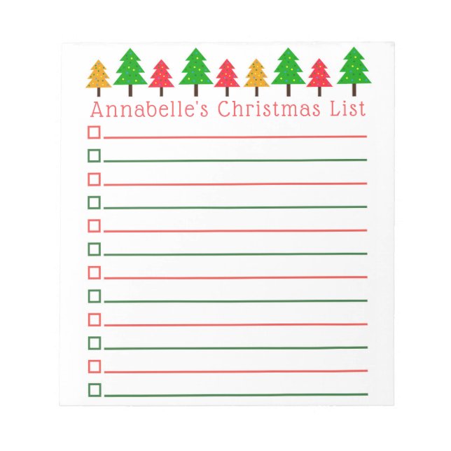 Christmas Trees Shopping List Personalise Notepad (Front)