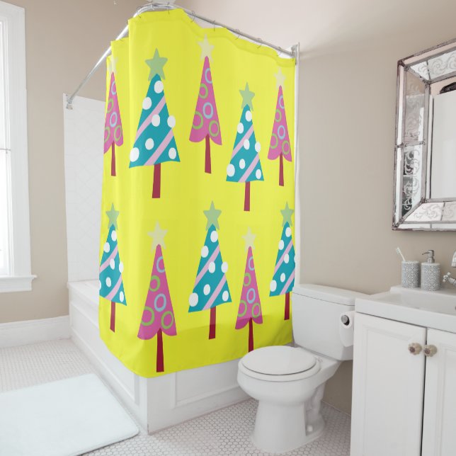 Christmas Trees Shower Curtain Pink & Blue  (In Situ)