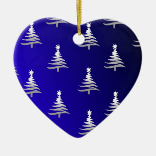 Christmas Trees Silver on Cobalt Blue Ceramic Tree Decoration
