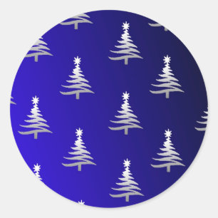 Christmas Trees Silver on Cobalt Blue Classic Round Sticker