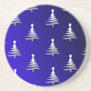 Christmas Trees Silver on Cobalt Blue Coaster