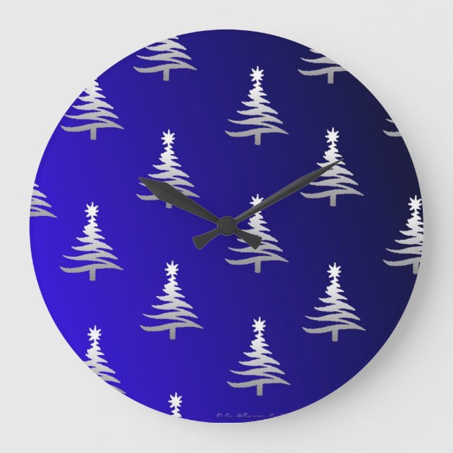 Christmas Trees Silver on Cobalt Blue Large Clock (Front)