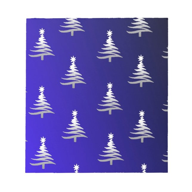 Christmas Trees Silver on Cobalt Blue Notepad (Front)