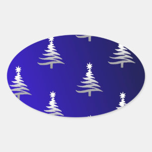 Christmas Trees Silver on Cobalt Blue Oval Sticker