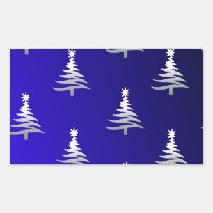 Christmas Trees Silver on Cobalt Blue Rectangular Sticker