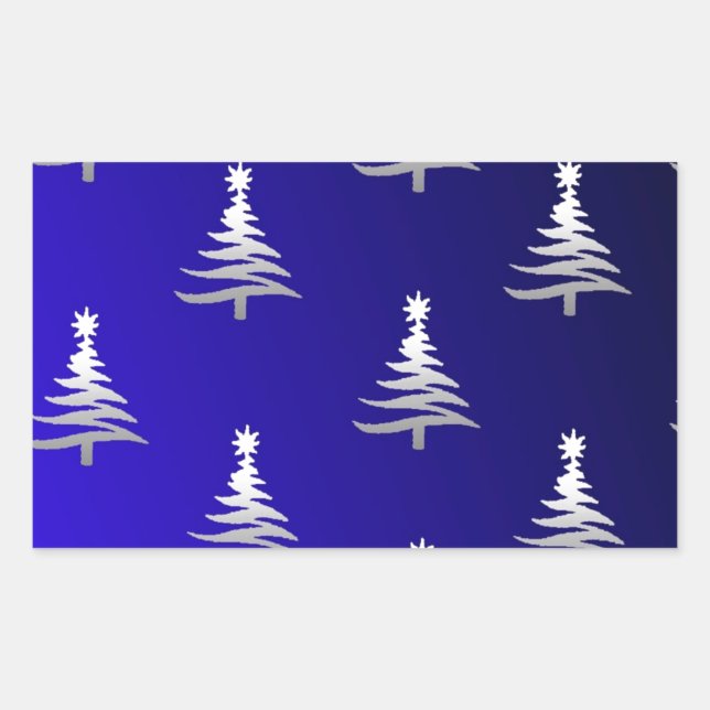 Christmas Trees Silver on Cobalt Blue Rectangular Sticker (Front)