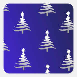 Christmas Trees Silver on Cobalt Blue Square Sticker