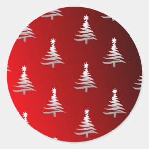 Christmas Trees Silver on Red Classic Round Sticker