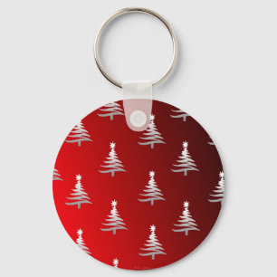 Christmas Trees Silver on Red Key Ring