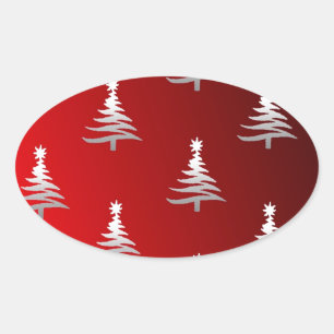 Christmas Trees Silver on Red Oval Sticker