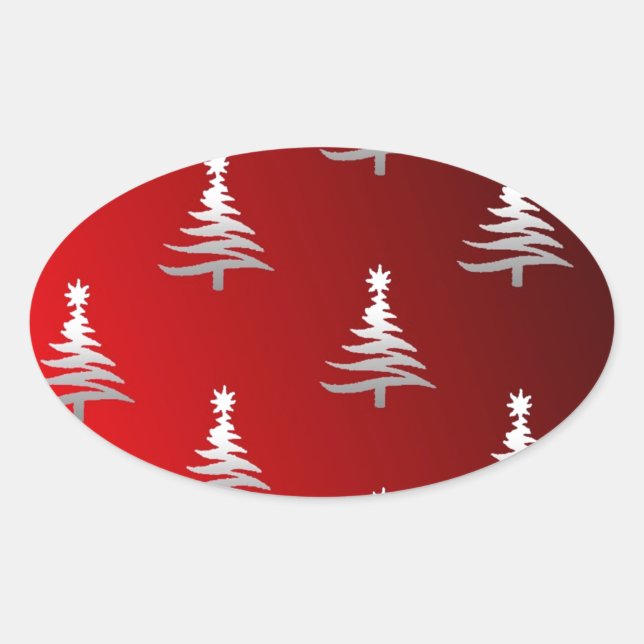 Christmas Trees Silver on Red Oval Sticker (Front)