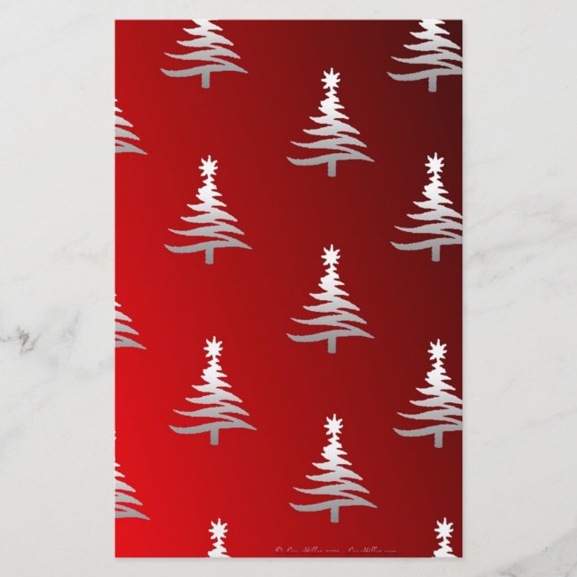 Christmas Trees Silver on Red Stationery (Front)