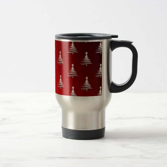 Christmas Trees Silver on Red Travel Mug (Right)
