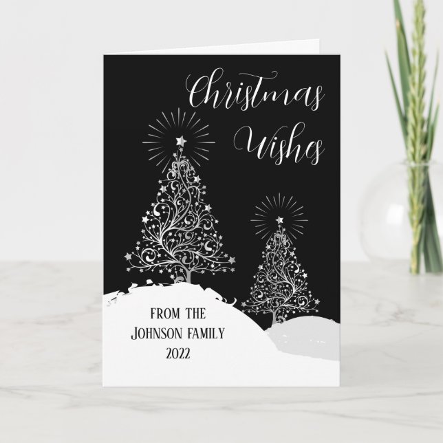 Christmas Trees Snow Modern Silver Design Card (Front)