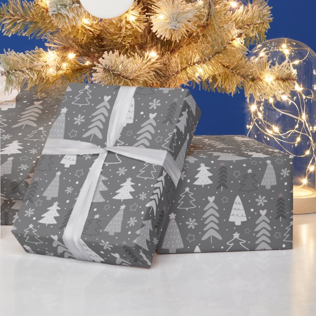 Christmas Trees Snowflake Grey and White Christmas Wrapping Paper (Holidays)