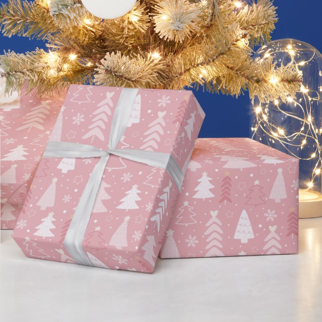Christmas Trees Snowflake Rose Gold Pink Christmas Wrapping Paper (Holidays)