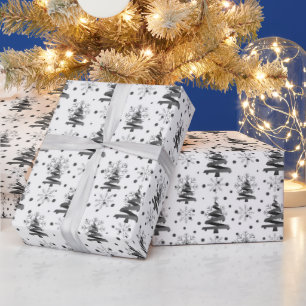 Christmas Trees & Snowflakes, Black & Grey Wrapping Paper