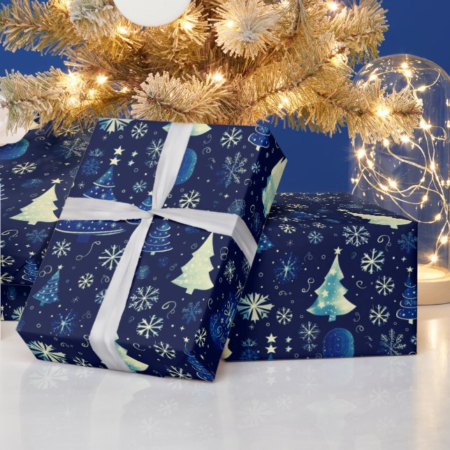 Christmas Trees Snowflakes Blue Christmas Wrapping Paper (Holidays)
