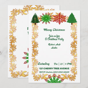 Christmas Trees Snowflakes Gold Frame Party Invite