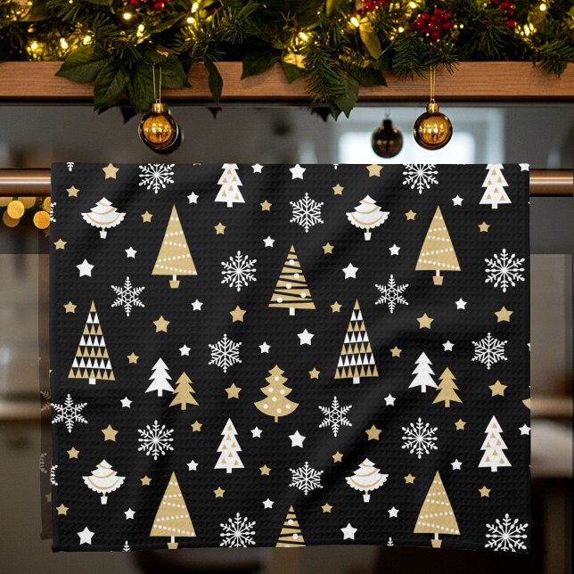 Christmas Trees & Snowflakes Pattern Black Tea Towel (Creator Uploaded)