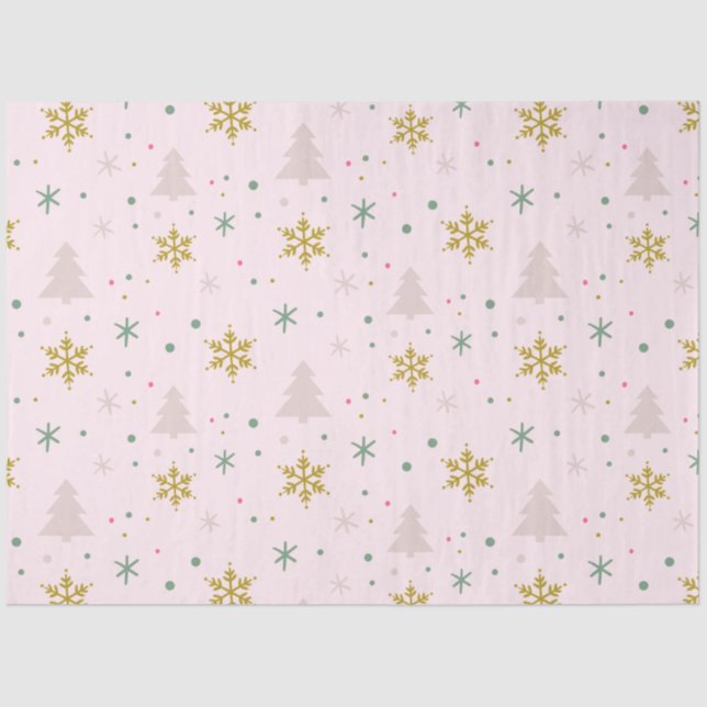 Christmas Trees Snowflakes Pink Gold Christmas Tissue Paper (Front)