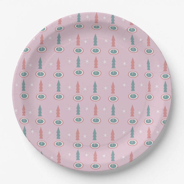 Christmas Trees Snowflakes Pink Green     Paper Plate (Front)