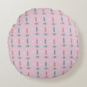 Christmas Trees Snowflakes Pink Green Round Cushion