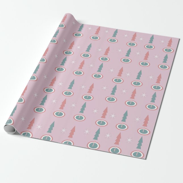 Christmas Trees Snowflakes Pink Green Wrapping Paper (Unrolled)