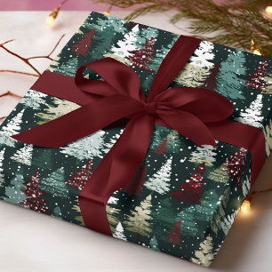 Christmas Trees Snowflakes Red Green Holiday Wrapping Paper