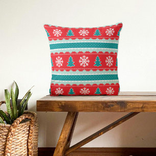 Christmas Trees Snowflakes Red Teal Pattern Cushion