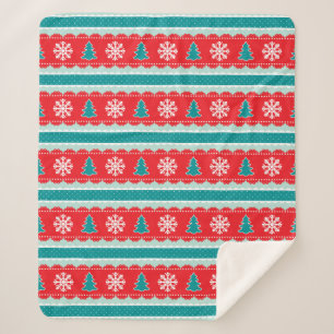 Christmas Trees Snowflakes Red Teal Pattern Sherpa Blanket