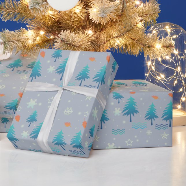 Christmas Trees Snowflakes Stars Leaves Christmas Wrapping Paper (Holidays)