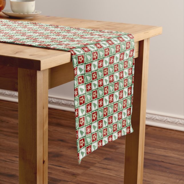 Christmas trees, snowflakes, stars, red, green short table runner (In Situ)