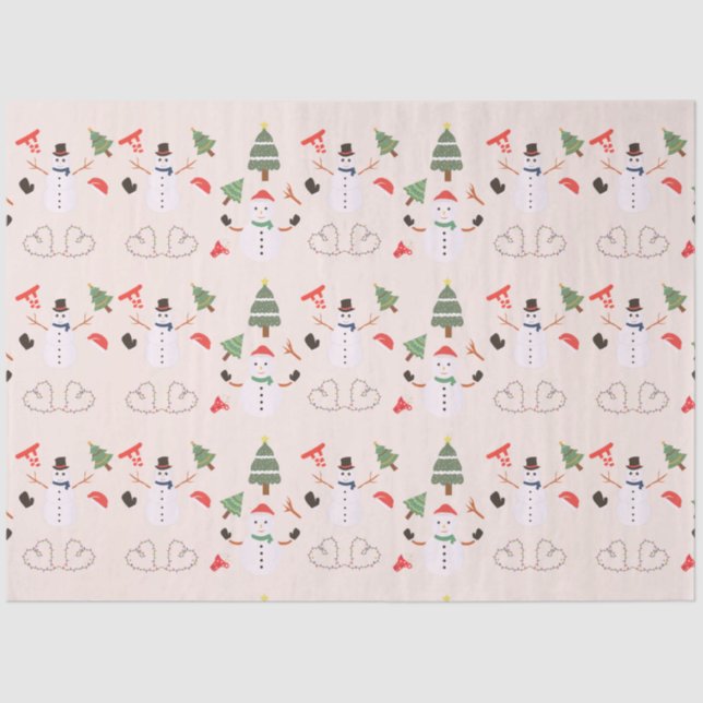 Christmas Trees Snowmen Hearts Peach Christmas Tissue Paper (Front)