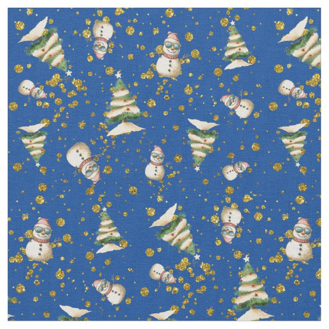 Christmas Trees Snowmen Pattern Fabric (Close Up)